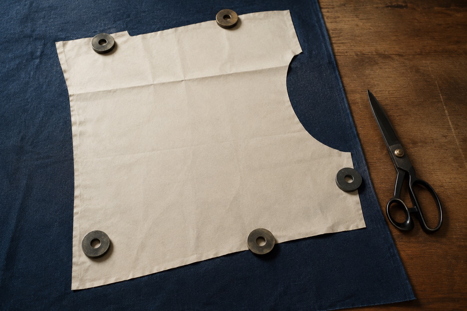 An ecru paper pattern piece laid on indigo cotton canvas on a brown wooden cutting table, with pattern weights and shears.
