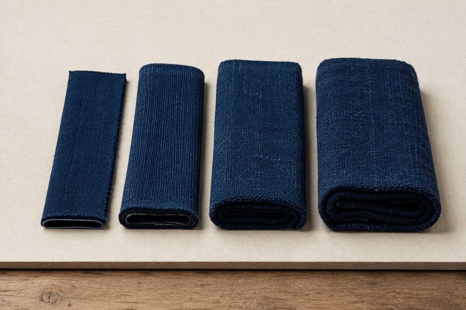 Four folded indigo cotton swatches laid in a row from thinnest to thickest, the difference in thickness visible at the folded edges.