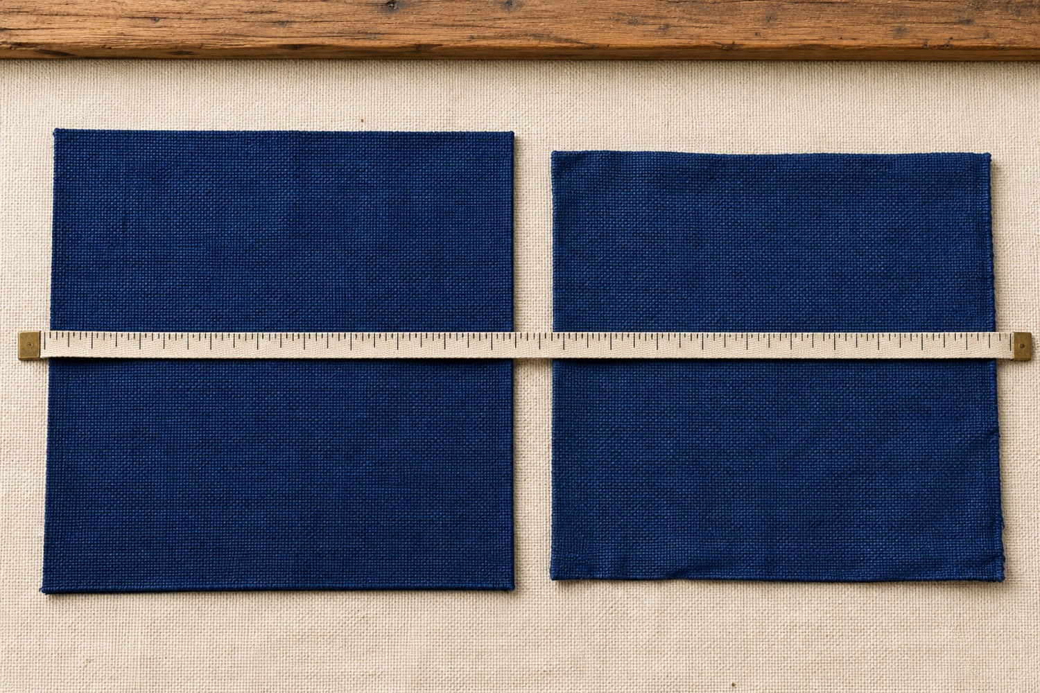 Two identical squares of indigo cotton canvas side by side, the right one visibly smaller after washing, with a measuring tape across both.