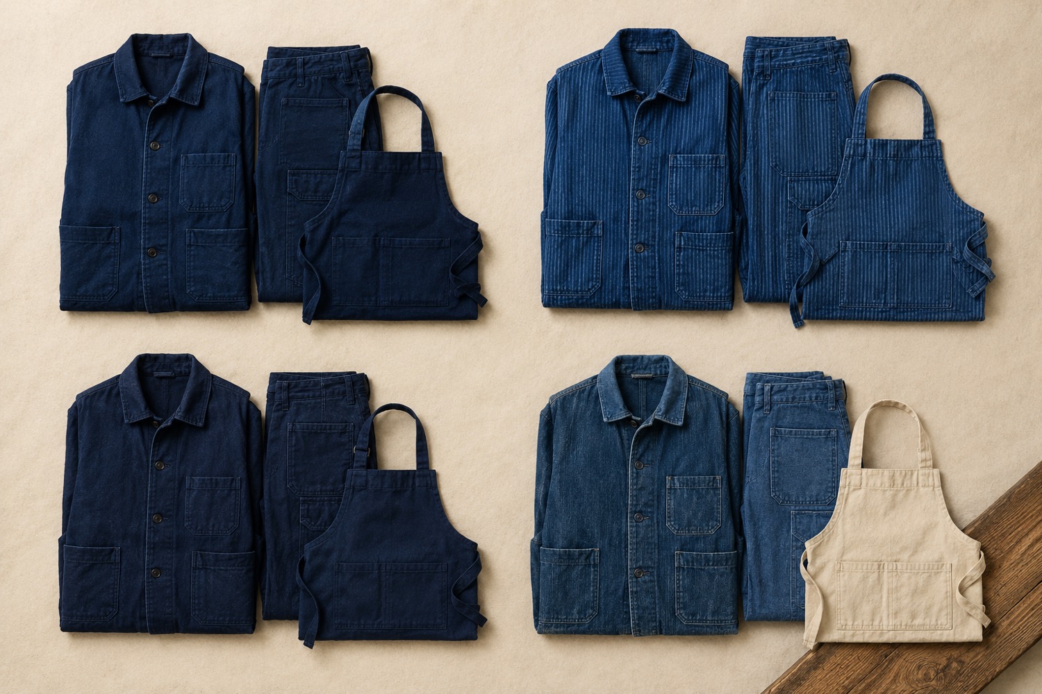 Four separate groups of folded indigo workwear laid out in a grid, one group per kind of work.