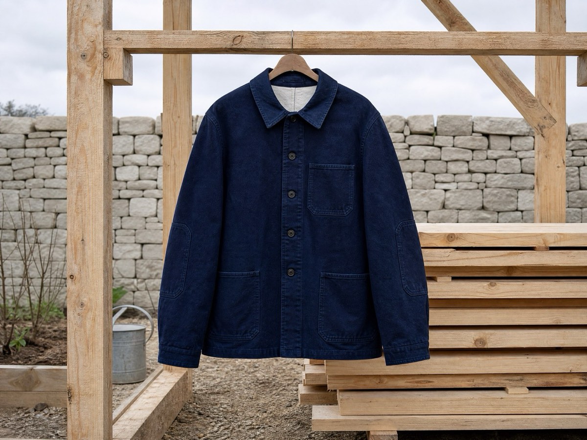 A deep indigo cotton canvas chore jacket hanging from a timber frame on an outdoor work site under overcast daylight.